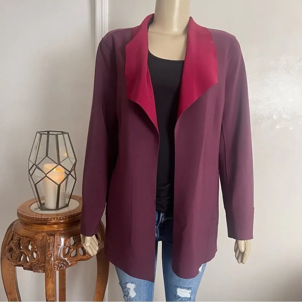 Chicos Travelers Sz 1 (Med 8-10)‎ Open Front Jacket Deep Merlot Blazer Pockets